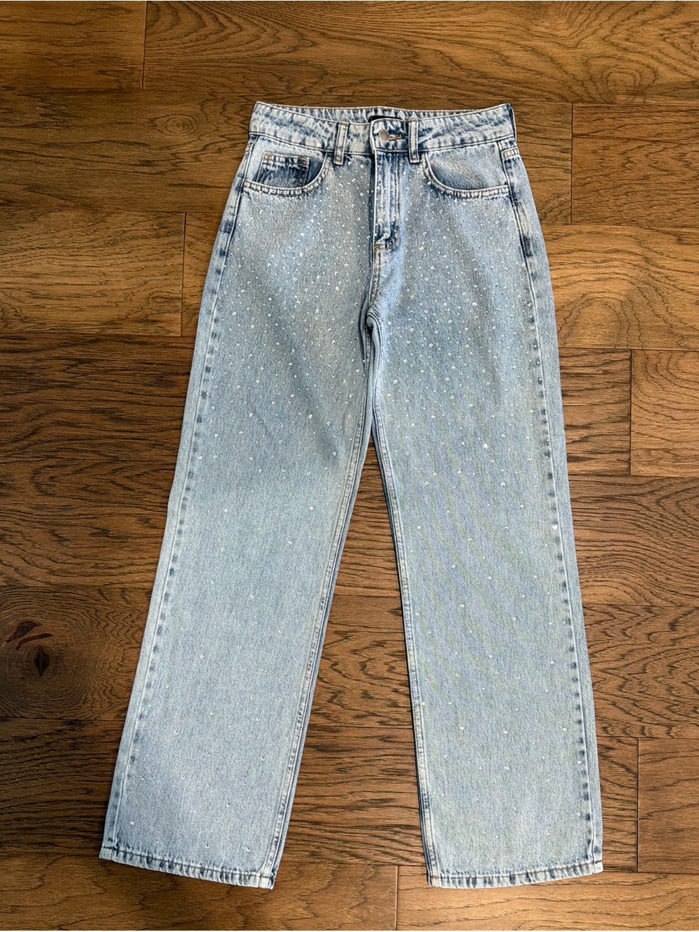 PrettyLittleThing Light Blue Straight Leg Jeans with Rhinestone Detail